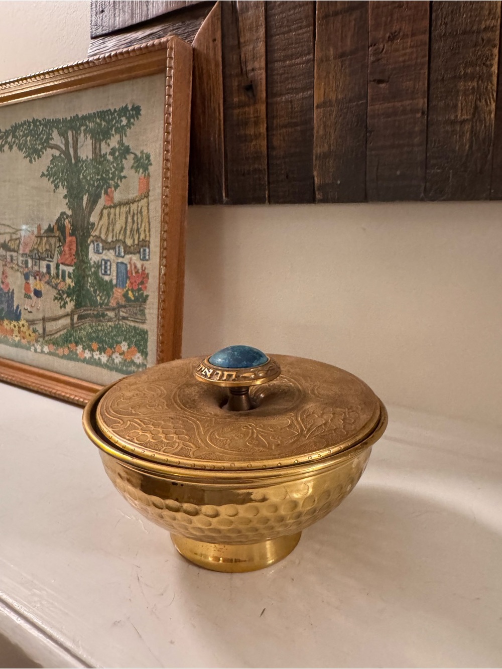 Vintage 1950s Israel Brass Lidded Bowl Turquoise Judaica MCM